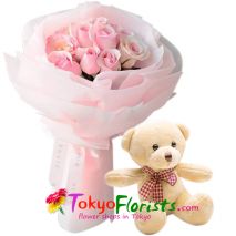 send one dozen pink roses with a soft cuddly teddy bear to tokyo