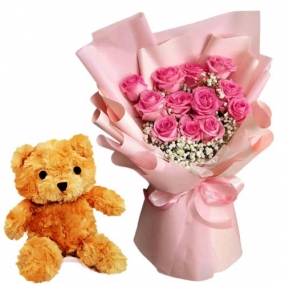 Ginza Flower Shop - Roses with Cuddly Bear