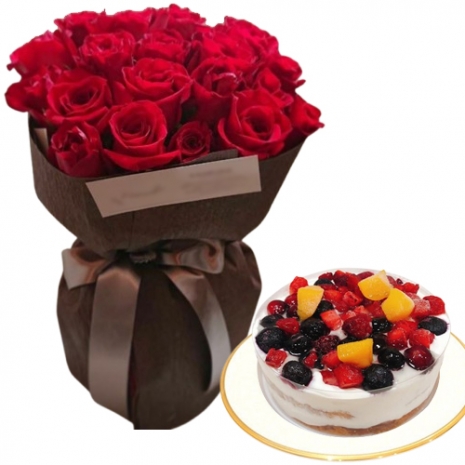 Gift Delivery Japan - Berries Torte Cake & 12 Red Roses