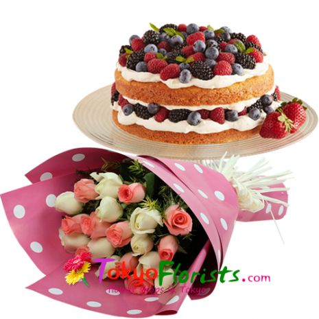 send two dozen mixed roses with berries torte cake to tokyo